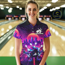 Load image into Gallery viewer, Custom Retro Funny Neon Bowling Shirt For Women, Pink And Purple Bowling Team Jersey Polo &amp; 1/4 Zip TDM6220