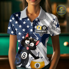 Load image into Gallery viewer, Woman wearing a funny cat billiard jersey beside a pool table front view.