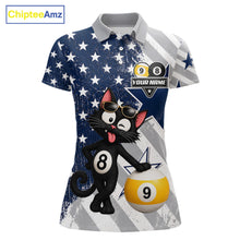 Load image into Gallery viewer, Women’s funny cat 8 ball and 9 ball pool polo shirt with patriotic US flag billiard graphics.