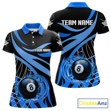 Load image into Gallery viewer, Women’s blue flame 8 ball pool polo shirt with custom billiard team graphics and league style.