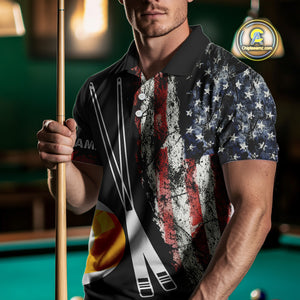 Retro Grunge American Flag 9 Ball Pool Billiard Shirt For Men Custom Patriotic Billiard Team Jersey TDM4474
