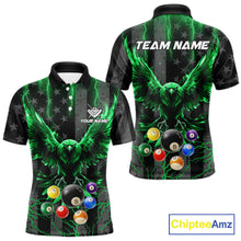 Load image into Gallery viewer, Green lightning eagle 8 ball pool polo shirt for men with patriotic American flag billiard graphics.