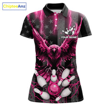 Load image into Gallery viewer, Pink lightning eagle bowling polo shirt for women with patriotic American flag bowling team graphics.