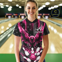 Load image into Gallery viewer, Front view of woman wearing a pink lightning eagle bowling polo shirt inside a bowling alley.