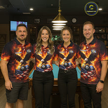 Load image into Gallery viewer, Personalized Flame Eagle 8 Ball, 9 Ball &amp; 10 Ball US Flag Billiard Shirt For Men, Pool Team Jersey TDM5853