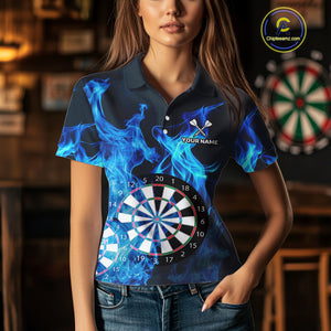 Blue Flaming Dartboard Darts Polo & Quarter Zip Custom Dart Shirts For Women Team Dart Jerseys TDM3821