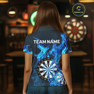 Blue Flaming Dartboard Darts Polo & Quarter Zip Custom Dart Shirts For Women Team Dart Jerseys TDM3821