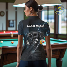 Load image into Gallery viewer, Back view of woman wearing a tornado billiard jersey inside a game hall.
