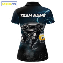 Load image into Gallery viewer, Blue lightning pool shirt for women with tornado billiard design and custom team aesthetic.