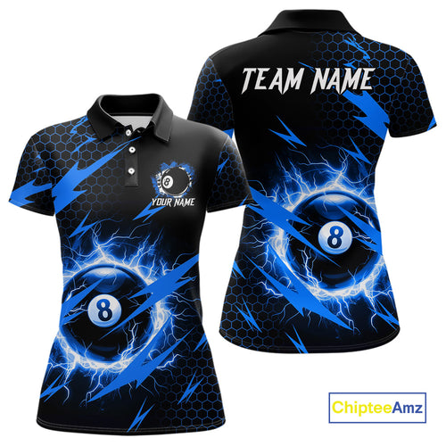 Blue 8 Ball Pool Thunder Lightning Storm Women's Billiard Shirt Custom Billiard Jersey Polo & 1/4 Zip TDM3832