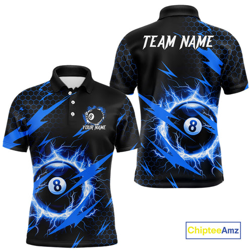 Blue 8 Ball Pool Thunder Lightning Storm Men's Billiard Shirt Custom Billiard Jersey Polo & 1/4 Zip TDM3832