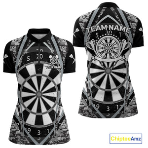 Personalized Grunge Grey Pixel Camo Dart Shirts For Women, Dart Jerseys Team Polo & Quarter Zip TDM3954