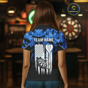 Personalized US Flag Blue Camo Dart Shirts For Women, Patriotic Darts Jersey Team Polo & 1/4 Zip TDM4128