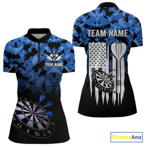 Personalized US Flag Blue Camo Dart Shirts For Women, Patriotic Darts Jersey Team Polo & 1/4 Zip TDM4128