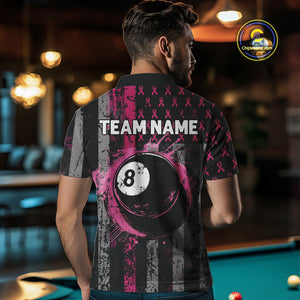 Custom Pink Ribbon Grunge US Flag Billiard Shirt For Men, Breast Cancer 8 Ball Pool Team Jersey TDM4500