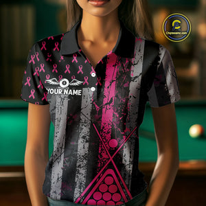 Custom Pink Ribbon Grunge US Flag Billiard Shirt For Women, Breast Cancer 8 Ball Pool Team Jersey TDM4500