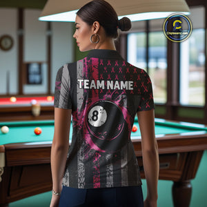 Custom Pink Ribbon Grunge US Flag Billiard Shirt For Women, Breast Cancer 8 Ball Pool Team Jersey TDM4500