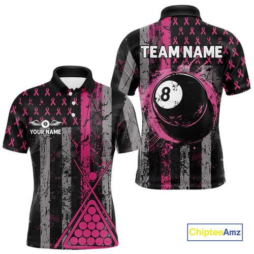 Custom Pink Ribbon Grunge US Flag Billiard Shirt For Men, Breast Cancer 8 Ball Pool Team Jersey TDM4500