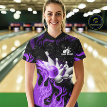 Load image into Gallery viewer, Purple Flaming Bowling Jersey For Women Custom Fire Bowling Pin Team Jersey Polo &amp; Quarter Zip TDM6269