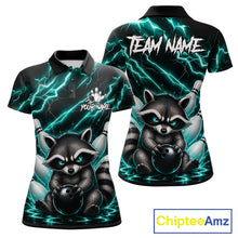 Load image into Gallery viewer, Turquoise neon lightning raccoon bowling polo shirt for women with custom bowling team graphics.