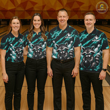 Load image into Gallery viewer, Bowling team wearing matching turquoise neon lightning raccoon bowling jerseys during tournament play front view.