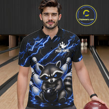 Load image into Gallery viewer, Man wearing a blue neon lightning raccoon bowling polo shirt at a bowling alley front view.