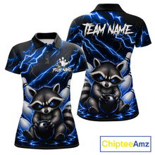 Load image into Gallery viewer, Blue neon lightning raccoon bowling polo shirt for women with custom bowling team graphics.