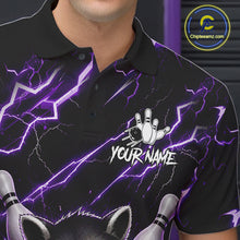 Load image into Gallery viewer, Close-up of a purple neon raccoon bowling polo shirt collar, buttons, and lightning artwork.