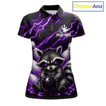 Load image into Gallery viewer, Purple neon lightning raccoon bowling polo shirt for women with custom bowling team graphics.