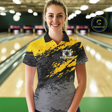 Load image into Gallery viewer, Woman wearing a yellow funny banana bowling polo shirt at a bowling alley front view.