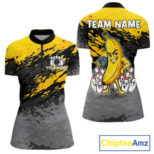 Load image into Gallery viewer, Yellow funny banana grunge bowling quarter zip shirt for women designed for league tournaments and team events.