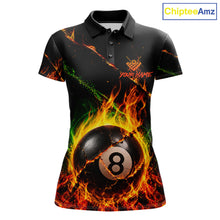 Load image into Gallery viewer, Crack fire flame 8 ball pool billiard polo shirt for women with custom team graphics.
