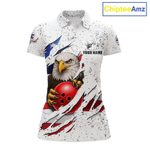 Load image into Gallery viewer, White grunge American flag eagle bowling polo shirt for women with patriotic team graphics.