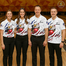 Load image into Gallery viewer, Bowling team wearing matching white grunge American flag eagle bowling jerseys during tournament matches front view.