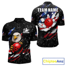 Load image into Gallery viewer, Black grunge American flag eagle bowling quarter zip shirt for men built for league play and tournaments.
