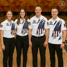 Load image into Gallery viewer, Bowling team wearing matching vintage American flag white bowling jerseys during tournament matches front view.