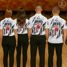 Load image into Gallery viewer, Back view of bowling team wearing matching patriotic bowling shirts in a bowling alley.