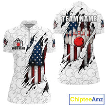 Load image into Gallery viewer, Vintage American flag white bowling quarter zip shirt for women designed for league play and tournaments.