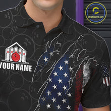 Load image into Gallery viewer, Close-up of a vintage American flag black bowling polo shirt collar, buttons, and patriotic artwork.
