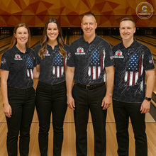 Load image into Gallery viewer, Bowling team wearing matching vintage American flag black bowling jerseys during league competition front view.