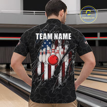 Load image into Gallery viewer, Back view of man wearing a vintage American flag black bowling quarter zip shirt in a bowling alley.