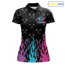 Load image into Gallery viewer, Dartboard neon fire flame darts polo shirt for women with custom darts team graphics.