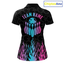 Load image into Gallery viewer, Fire flame neon bowling polo shirt for women with colorful custom team graphics.