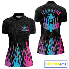 Load image into Gallery viewer, Fire flame neon bowling quarter zip shirt for women designed for league tournaments and team events.