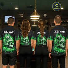 Load image into Gallery viewer, Back view of pool players wearing matching green flaming skull billiard shirts in a game room.