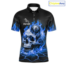Load image into Gallery viewer, Blue flaming skull 8 ball and 9 ball billiard polo shirt for men with custom pool team graphics.