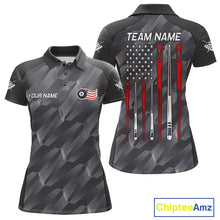 Load image into Gallery viewer, Metal grey American flag 8 ball billiard polo shirt for women with patriotic pool team graphics.