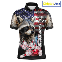 Load image into Gallery viewer, Smoke American Flag Raccoon Bowling Polo Shirt For Men Custom Patriotic Bowling Team Jersey Design