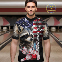 Load image into Gallery viewer, Man Wearing Smoke American Flag Raccoon Bowling Quarter Zip Shirt Front View Custom Bowling Jersey