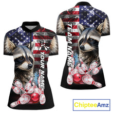 Load image into Gallery viewer, Smoke American Flag Raccoon Bowling Quarter Zip Shirt For Women Custom Patriotic Bowling Team Jersey